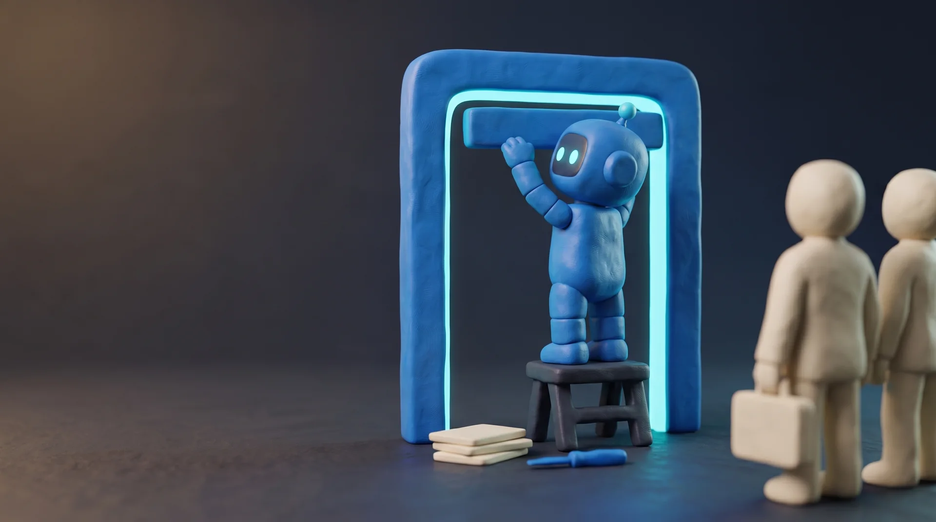 The blue clay Crelis robot fits the last bar onto a glowing gate frame while cream clay agents wait to pass through.