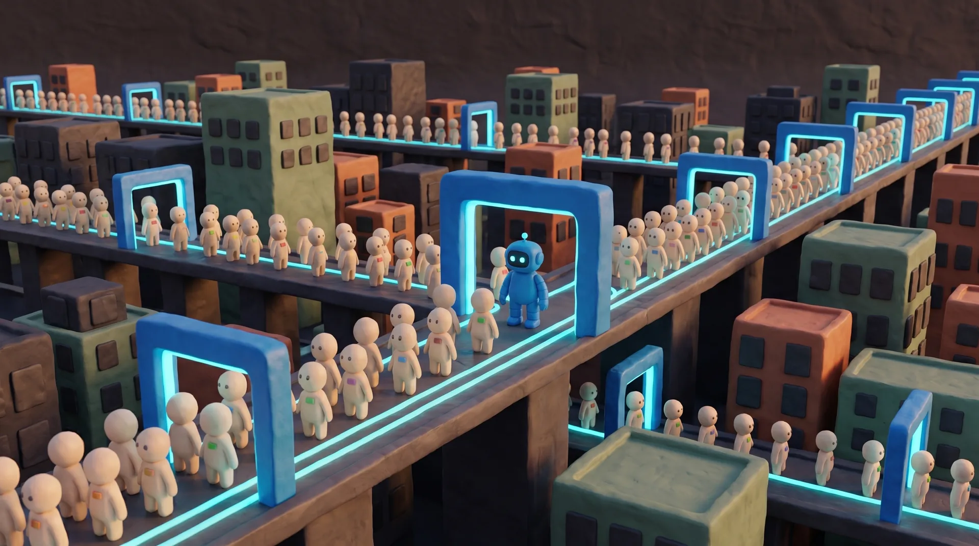 A clay city of cream agents walking elevated lanes through glowing blue gate frames.