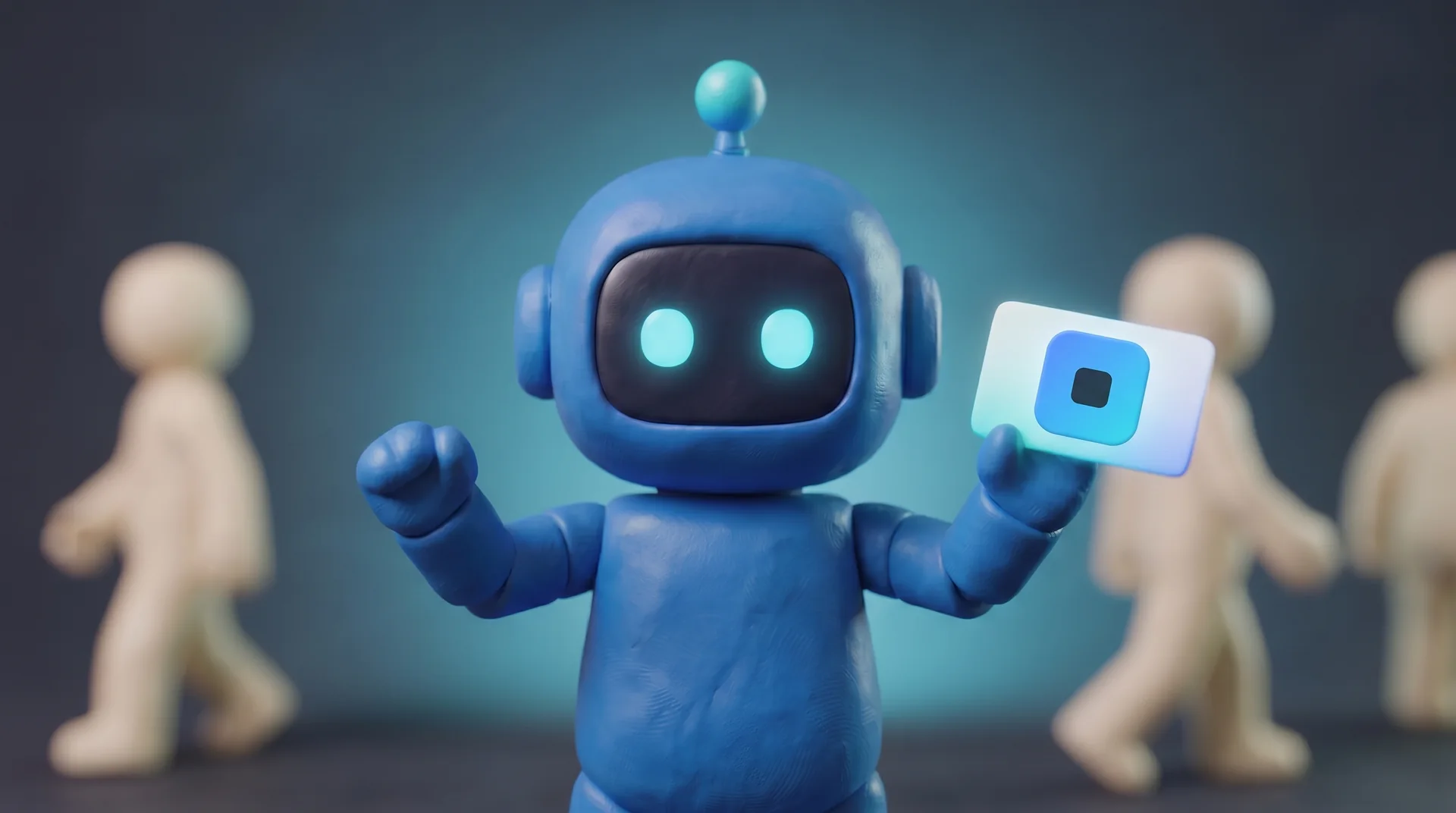 A blue clay Crelis robot holds up a cream execution visa card; cream clay agents pass behind it.