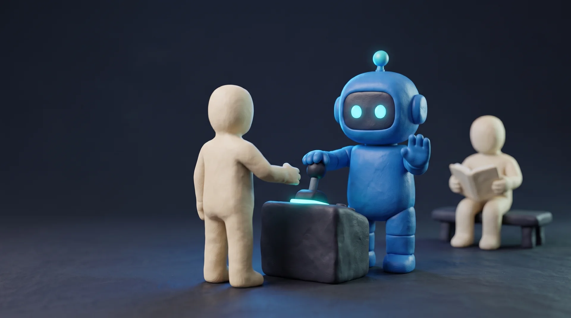 The blue clay Crelis robot rests one hand on a lever and raises the other in a wait gesture as a cream clay agent reaches for it; behind them another agent reads a book undisturbed.