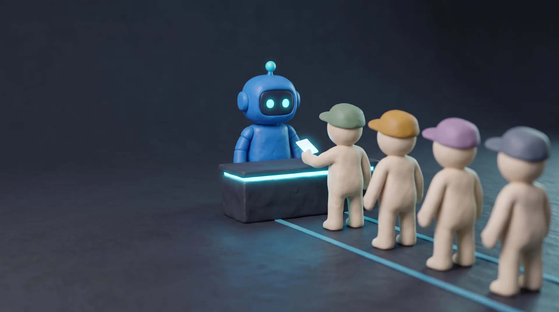 The blue clay Crelis robot stands behind one desk while four cream clay agents, each in a different coloured cap, queue to hand over a glowing card.