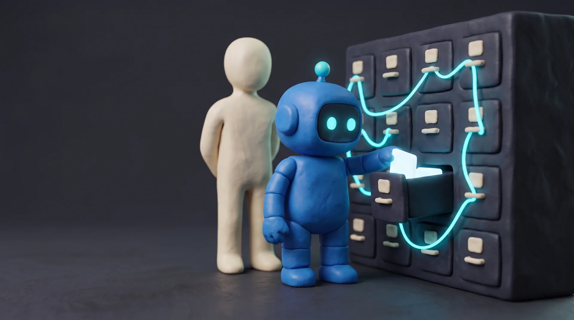 The blue clay Crelis robot places a glowing card into an open drawer of a cabinet whose sealed drawers are linked by a glowing thread, while a cream clay agent looks on.