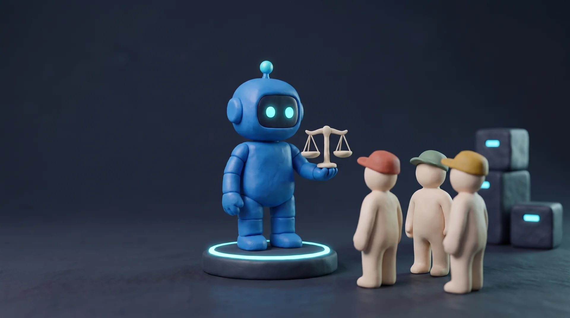 The blue clay Crelis robot stands on its own glowing platform holding a level balance scale, apart from three cream clay agents in different coloured caps and a stack of system blocks.