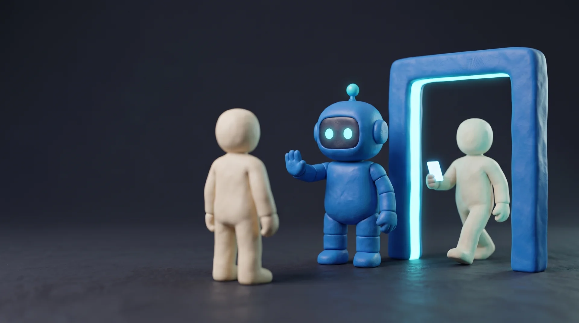 The blue clay Crelis robot stands at a glowing gate, holding up a hand to one cream clay agent while another walks through holding a card.