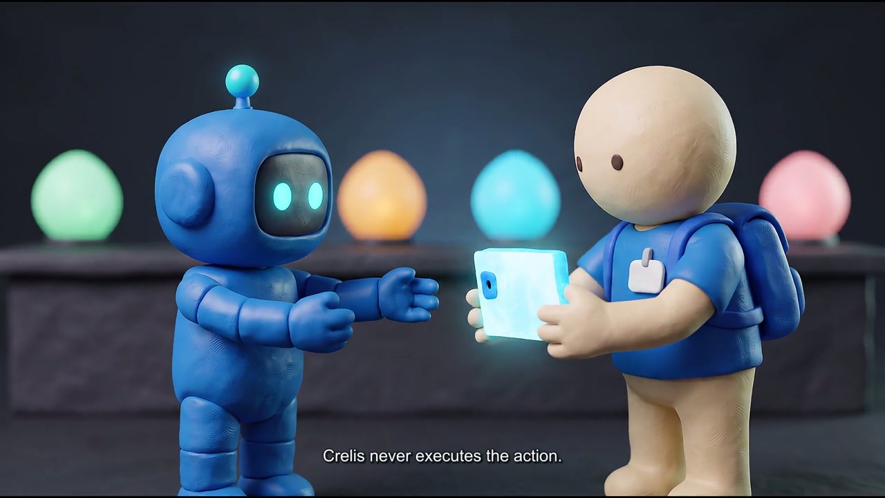 Still from the Crelis launch film: an execution visa being handed to an AI agent