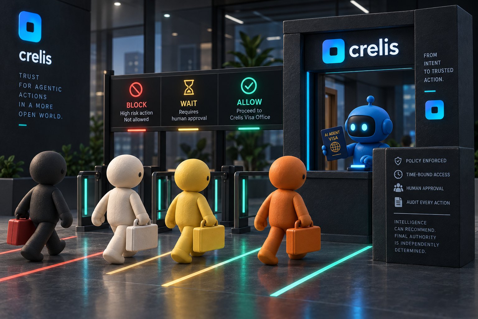 A Crelis checkpoint: AI agents carrying consequential actions reach a gate that blocks a high-risk action, holds one for human approval, or allows it — and the allowed action receives a signed execution visa before it proceeds.